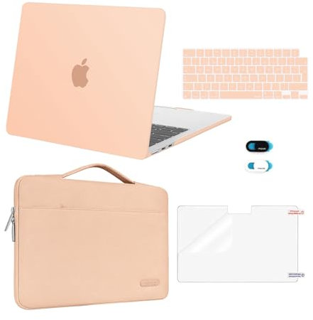 MOSISO Compatible with MacBook Air 13 inch Case M4 M3 M2 2025 2024 2023 2022 A3240 A3113 A2681, Hard Shell&Sleeve Bag&Keyboard Skin&Webcam Cover&ScreenFilm for MacBook Air 13.6 Case, Pastel Orange