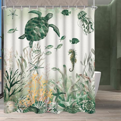 Lerores Duschvorhang 180x200cm, Meeresschildkröte Antischimmel Textil, Beschwerter Saum Wasserabweisend, Waschbar Polyester Badevorhänge mit 12 Ösen und Duschvorhangringe für Badezimmer, Badewanne