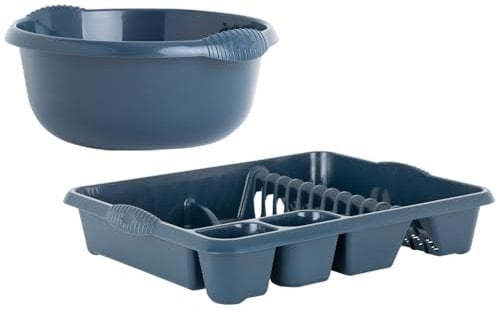 VISHCHIT (Set Of 2) 28cm Navy High Grade Plastic Round Washing Up Bowl With Stylish Large Dish Drainer Plate Rack Draining Board Tray Stand Sink Holder Organiser Kitchen Home And Restaurants