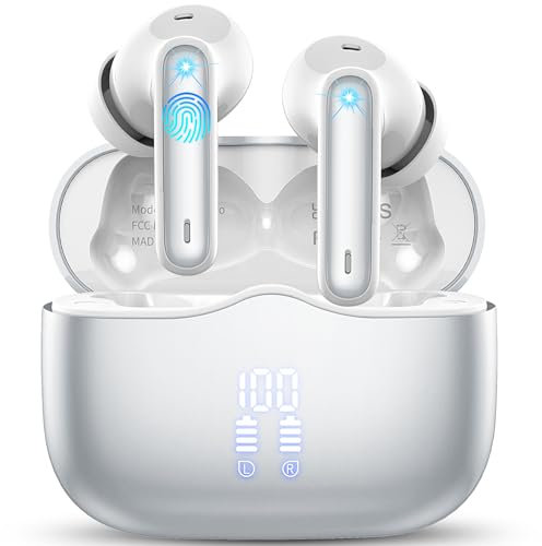 Bluetooth Kopfhörer, Kopfhörer Kabellos Bluetooth 5.3 In Ear Kopfhörer mit 4 ENC Mic, Kabellose Kopfhörer Tiefer Bass 40Std Wireless Earbuds Noise Cancelling, IP7 Wasserdicht, LED-Anzeige, Silver