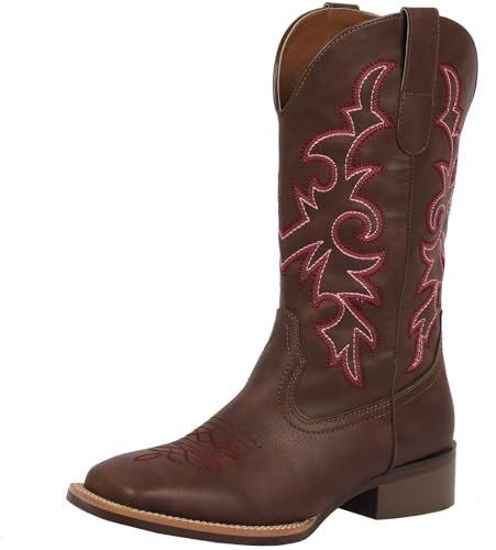 J's.o.l.e Stivali da cowboy da donna, stile western, metà largo, punta quadrata, stivali da cowgirl, per equitazione, scarpe ricamate, Marrone scuro, 37 EU