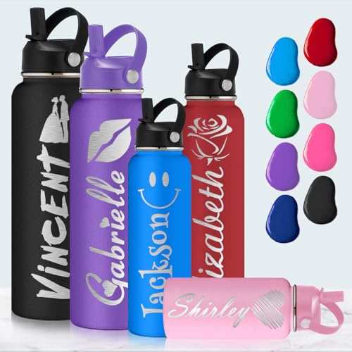Custom Water Bottle with Name Engraved, Personalised Water Bottles with Straw Lid, Customised Gifts for Women Men (12/18/24/32/40oz)