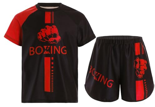 Oyolan Bambino Ragazzo Short da Boxe e T-Shirt Set da Boxe Combattimento Muay Thai MMA Kick Boxing 5-16 Anni, A rosso., 5-6 Anni