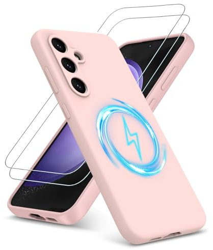 PIXFAB for Samsung Galaxy S24 FE Case with 2 x Screen Protector Tempered Glass, [Compatible with Magsafe] Liquid Silicone Shockproof Armour Protective [Soft Touch] Rubber Gel Phone Cover - Pink