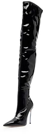 Stivali Sopra Il Ginocchio Da Donna, 12 Cm Stivali in Pelle Verniciata Elasticizzata Di Grandi Dimensioni Stivali Alti Alla Coscia Con Tacco A Spillo E Punta A Punta Stivali Lunghi , 44 EU ,Black