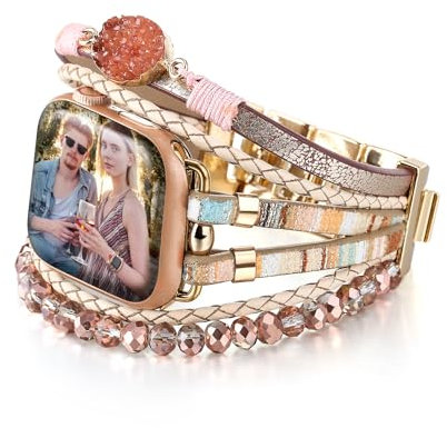 CHARMINGO Bracelet en cuir bohème compatible avec Apple Watch pour homme et femme 40 mm/38 mm/41 mm Series 9 8 7 SE 6 5 4 – Joli bracelet multicouche fait à la main avec perles pour iWatch 3 2 1, rose