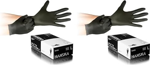 HANSKA Guantes desechables de nitrilo negros – Sin polvo – Desechar– Ambidextros – No estériles – Base de goma – Apto para ámbitos médicos, manipulación de alimentos (100, L) (Paquete de 2)