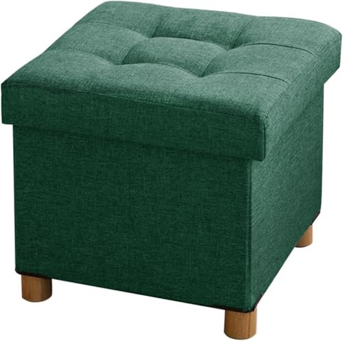 BRIAN & DANY Folding Ottoman Storage Box with Wood Legs, Linen Foot Stool, Footstool with Storage, Highly Elastic Sponge Filling, Dark Green, 38 x 38 x 38 cm