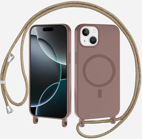 xinyunew Coque Magnétique pour iPhone 13 Mini avec Cordon, Compatible avec MagSafe Collier Étui Silicone Liquide avec Tour de Cou Lanière en Corde Souple TPU Antichoc Housse,Brun
