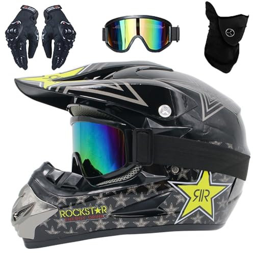 Casco de Motocicleta Para Adultos Y NiñOs, con Gafas, Guantes Y MáScara, Casco Integral Para Todoterreno, Descenso, Moto de Cross, ATV, BMX, Bicicleta de MontañA, Quad, Aprobado Por DOT(Aa,L(56-57cm))