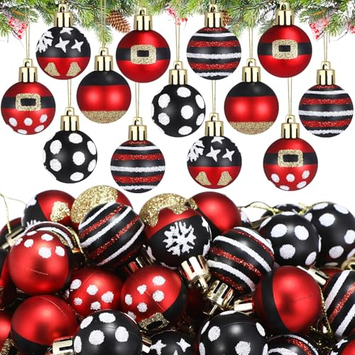 Syhood 60 Pcs Mini Mouse Christmas Ball Ornaments Bulk Red Black Yellow Xmas Tree Decorations Striped Polka Dot Hanging Ornaments Small Xmas Bulbs for Christmas Tree Party Holiday Indoor Home Decor