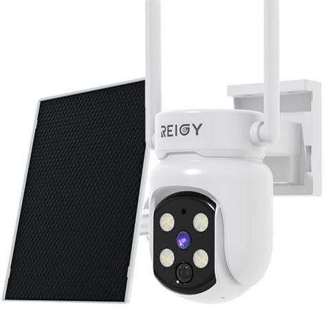REIGY 4MP Telecamera WIFI Esterno Batteria Senza FIli, 360° Videocamera Sorveglianza con Pannello Solare, Rilevazione di Movimento PIR, Audio a 2 Vie, IP65, Supporto 2,4GHz/5GHz