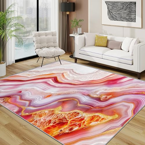 TerroVee Marmor Teppich 200x200 cm, Luxus Achat Künstler Waschbarer Teppiche Wohnzimmer, Rosa Orange Modern Abstrakt rutschfest Antirutsch Groß Teppiche Für Esszimmer, Quadratisch, Rosa Orange