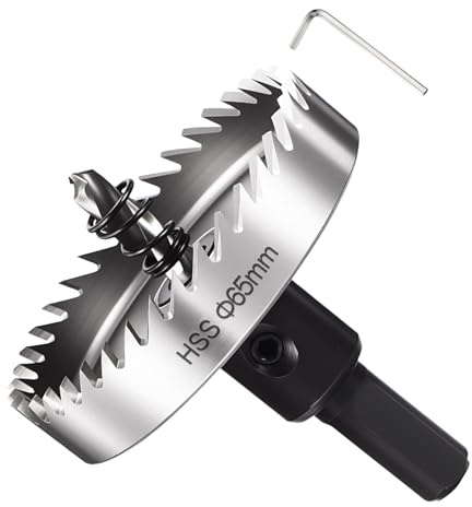 METALLIXITY Hole Saw 65mm 2-9/16 4241 High Speed Steel for Metal Silver | Hole Cutter with Center Drill Bit, Hex Key and Spring for Plastic, PVC Boards