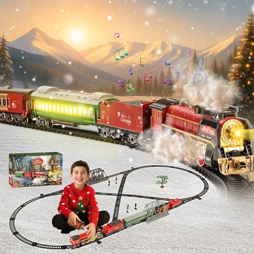 JONRRYIN Trenino Elettrico per Bambini, Trenino Albero di Natale, Treno Natalizio Giocattolo per Bambini Telecomandato con Affumicato, Luci e Suoni, Treni Elettrico Giocattolo con Pista Lunga