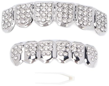 CHEOTIME Hip Hop Zähne Grill Set, modische Grills für Ihre Zähne Diamant, Zähne Männer, Vampir gefälschte Halloween Zähnekappen Schmuckpartyzubehör (Silber)