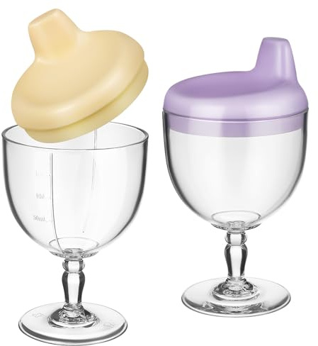 LOORGVEL 2 Pezzi Bicchieri di Plastica Trasparenti a Calice per Bimbo e Ragazza, 150ml, Anti-goccia, per Imparare a Bere, PC e Pp