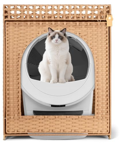 Klippehop Self Cleaning Cat Litter Tray Enclosure, XXL Extra Large Hidden Cat Litter Box Furniture Cabinet, Handwoven PE Rattan Waterproof Enclosed Litterbox Cupboard Unit, Odour Control, Natural