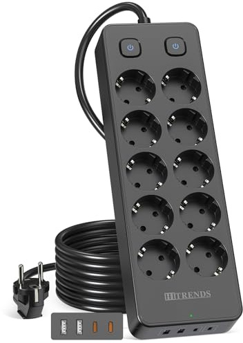 Steckdosenleiste 10-Fach, Steckerleiste mit 2 USB-A+ 2 USB-C(PD20W), Steckerleiste mit 2 Schaltern, Verteilersteckdose 230V, Mehrfachstecker 2M, für Haus, Schule, Büro (Schwarz)