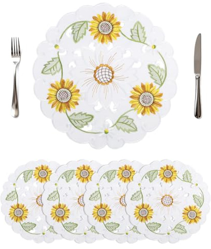 Komforbaa Set di 4 Sottopiatti Rotondi da 14 Pollici, Centrini Ricamati a Girasole, Morbidi Traspiranti Lavabili Antiscivolo per Cucina Sala da Pranzo Feste Decorazione Quotidiana, Bianco e Giallo