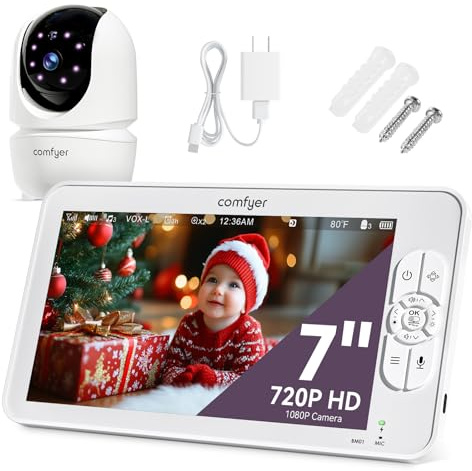 Comfyer Babyphone con fotocamera 1080P 7 720P HD video baby monitor con fotocamera baby monitor senza Wi-Fi, batteria da 6000 mAh, visione notturna a infrarossi, grandangolare, audio a 2 vie