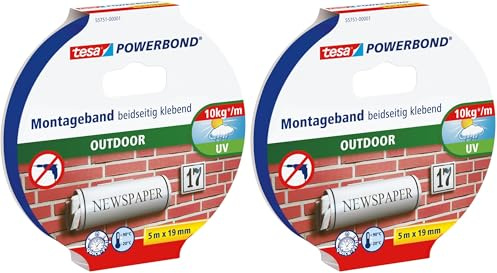 tesa Powerbond Outdoor - Doppelseitiges Montageband für den Außenbereich - Wasserfestes, starkes, UV-beständiges Klebeband - 5 m x 19 mm (Packung mit 2)