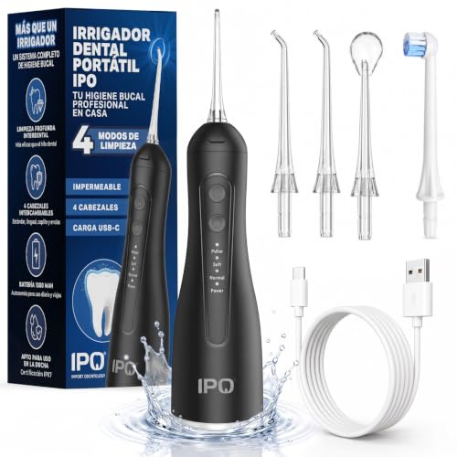 IPO Irrigador Bucal - Irrigador Dental Portatil Inalámbrico Profesional con 4 Cabezales Intercambiables - IPX7 Impermeable 300ML USB-C Recargable - 4 Modos de Limpieza Dientes para Viaje y Hogar.