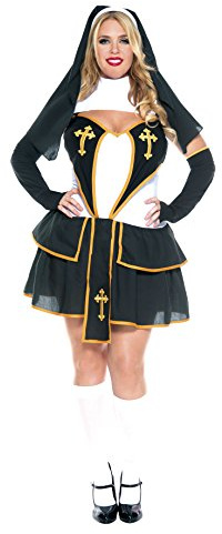 Music Legs Women's Plus-Size Flirty Nun, Black/White/Gold, 3X-4X