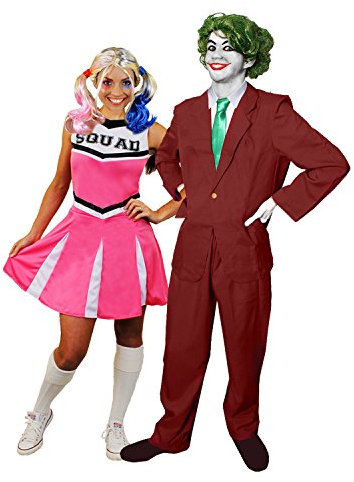 JOKER CHEERLEADER PAAR KOSTÜM VERKLEIDUNG HALLOWEEN KARNEVAL FASCHING =ROSA CHEERLEADER KLEID+PERÜCKE+MAKE UP+HOSENANZUG+KRAWATTE+PERÜCKE+HANDSCHUHE + MAKE UP= CHEERLEADER-XLARGE+ JOKER-SMALL