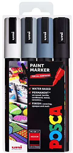 POSCA PC-5M Paint Marker Art Pens - 1.8-2.5mm – Grey Tones Set of 4 Pens in Wallet