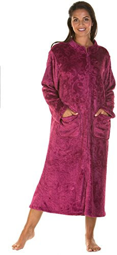 Lady Olga Fleece-Nachtwäsche in 3 Stilen, Bademantel, Morgenmantel oder Bettjacke, mit Reißverschluss und Knöpfen Gr. 38/40 DE, Dark Rose - Reißverschluss
