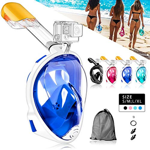 HINATAA Máscara de Buceo, 180°Panorámica Máscara de Snorkel de Cara, Anti-vaho Anti-Fuga,con Tapones con Tapones para los oídos Impermeables,GoPro Mount Easy Breathe para Adultos,Niños (Azul, S/M)