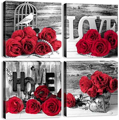 Rote Rose Wandkunst für Paare, Master-Schlafzimmer, rote und schwarze Blumenbilder, Leinwanddruck, Badezimmerzubehör, romantische Liebe, florales Poster, Wohnzimmer, 30.5x30.5 cm, 4 Stück/Set