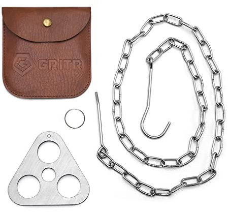 GRITR Camping Tripod Grill Board Set - Compact Portable Rustproof Camping Gear for Outdoor Cooking - Stainless Steel Campfire Tripod Plate, Adjustable Chain and Leather Case