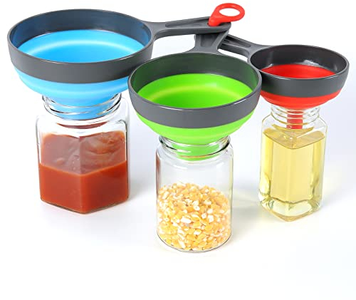 Eitatov Canning Funnels Set of 3, Silicone, Red+Green+Blue, Large 2.2 Wide Mouth, Medium 1.6, Small 0.5
