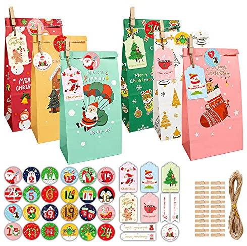 Adventskalender zum Befüllen Kinder, Yomisee Adventskalender Selber Befüllen mit 24 Tüten und Zahlenaufklebern DIY Weihnachtskalender zum befüllen
