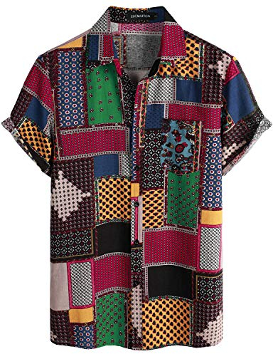 LucMatton Herren Leinen Traditionelle Muster Print Kurzarm Button Down Hawaiihemden, Mehrfarbig, XXL