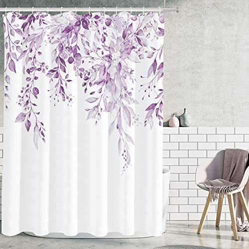 Tititex Ensemble de rideaux de douche Eucalyptus, feuilles en aquarelle sur la partie supérieure avec décoration florale pour salle de bain, 183 x 183 cm avec crochets, violet clair