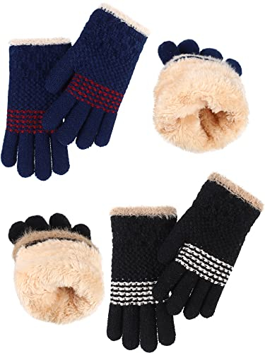 2 Paar Kinder Handschuhe Vollfinger Strick Handschuhe Winter Fleece Kinderhandschuhe für Jungen Mädchen (Marineblau, Schwarz)