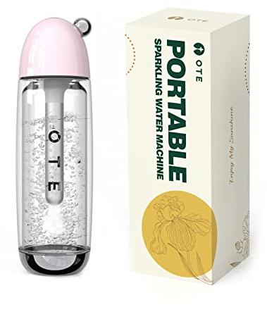 OTE Tragbar Wassersprudler, Sprudelwasser Maschine 450ml Soda Maker, Mini 8g Zylinder, Wasser Sprudel Gerät Keine Elektrizität, Doppellagige PET-Flasche, BPA-Frei, Rosa(Keine CO2-Zylinder)