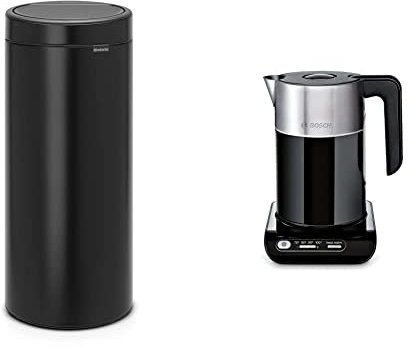 Brabantia 30 L Kitchen Touch Bin New Removable Lid, Soft-Touch Open, Easy Clean Rubbish Waste Bin + Bin Bags & Bosch Styline TWK8633GB Variable Temperature Cordless Kettle, 1.5 Litres, 3000W - Black