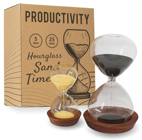 Dekoratives Sanduhr-Set – beinhaltet 25- und 5-Minuten-Sandglas-Pomodoro-Timer mit Holzsockeln – Zeitmanagement-Produktivitätswerkzeug – Geschenk für Heimbüro Schreibtisch