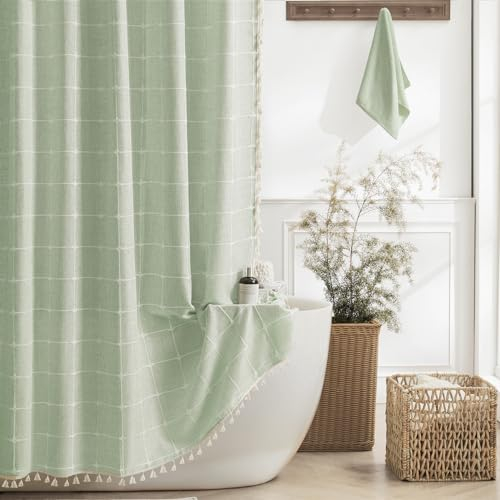 Yuanice Extra langer Duschvorhang, 183 x 244 cm, Boho-Chic, Leinen, karierter Stoff, strapazierfähig, Duschvorhang-Set mit Haken, salbeigrün, Bauernhaus, luxuriöse Quaste, Stoff, Duschvorhänge für