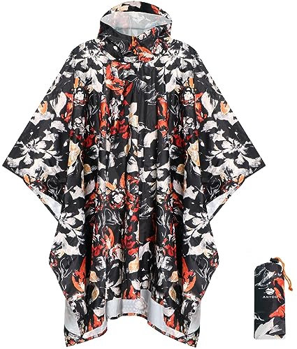 ANYOO Leichter Wasserdichter Regenponcho Herren und Damen Regenjacken Ripstop Atmungsaktiver Mehrzweck Regenmantel mit Kapuze für Outdoor Wandern Camping Angeln, Blumen, Einheitsgröße