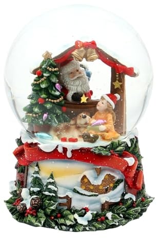 Dekohelden24 Schneekugel - Weihnachtsmann mit Kind und Hund - mit Spielwerk, Melodie: We Wish You a Merry Christmas, L/B/H/Ø Kugel 11 x 11 x 15 cm Ø 10 cm.