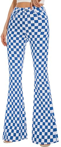 Bell Bottom Jeans für Damen, hohe Taille, Stretch, kariert, ausgestellt, Denim, Bootcut-Hose, Blau-weißes Plaid, 38