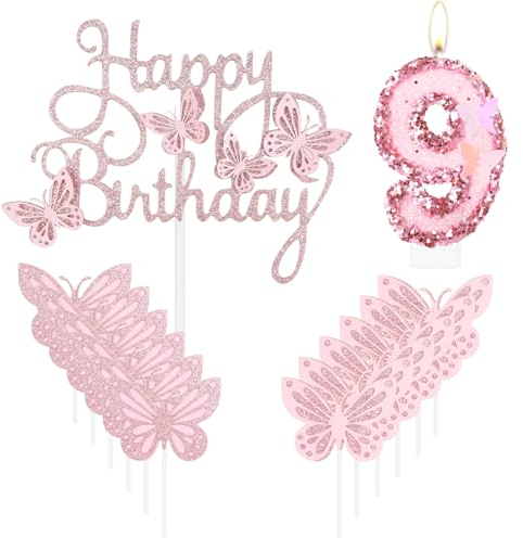 mciskin Happy 9th Birthday Candles,Butterfly Cake Decorations,Pink Number 9 Candle for Cake,Pink Cupcake Toppers Girls,Glitter Butterfly Topper for Girls' 9th Birthday Decorations