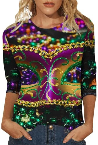 Blusen Damen Sommer 2024 Mardi-Shirt für Damen, Karneval, Outfit, Party, Grafik, 3/4-Ärmel, Tunika, Tops, Rundhalsausschnitt, Bluse, T-Shirt Kaftan Bluse Damen (Bronze, XXXXXL)