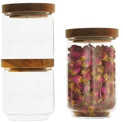 teapro Set of 3 Glass Container Storage Jars with Acacia Wood Lid – Airtight Silicone Seal – Kitchen Glass Containers for Tea, Cookies, Pasta and Coffee – Elegant and Minimalist