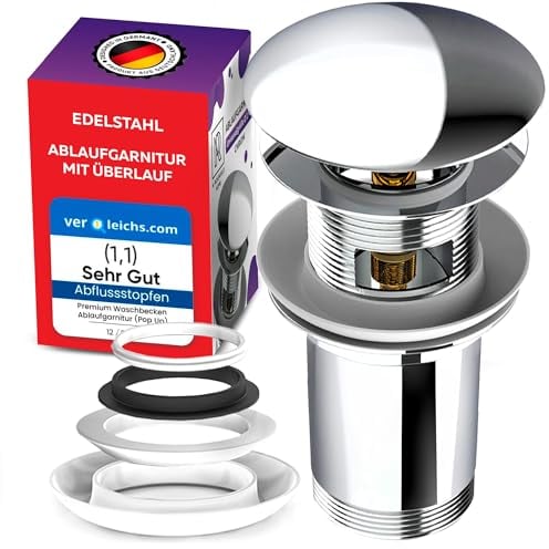 Waschbecken Ablaufgarnitur mit Überlauf für Waschtisch - Edelstahl Pop Up Ventil Waschbecken - Chrom Abfluss Waschbecken mit 4 Ersatzdichtungen aus Messing M. ROSENFELD HOME